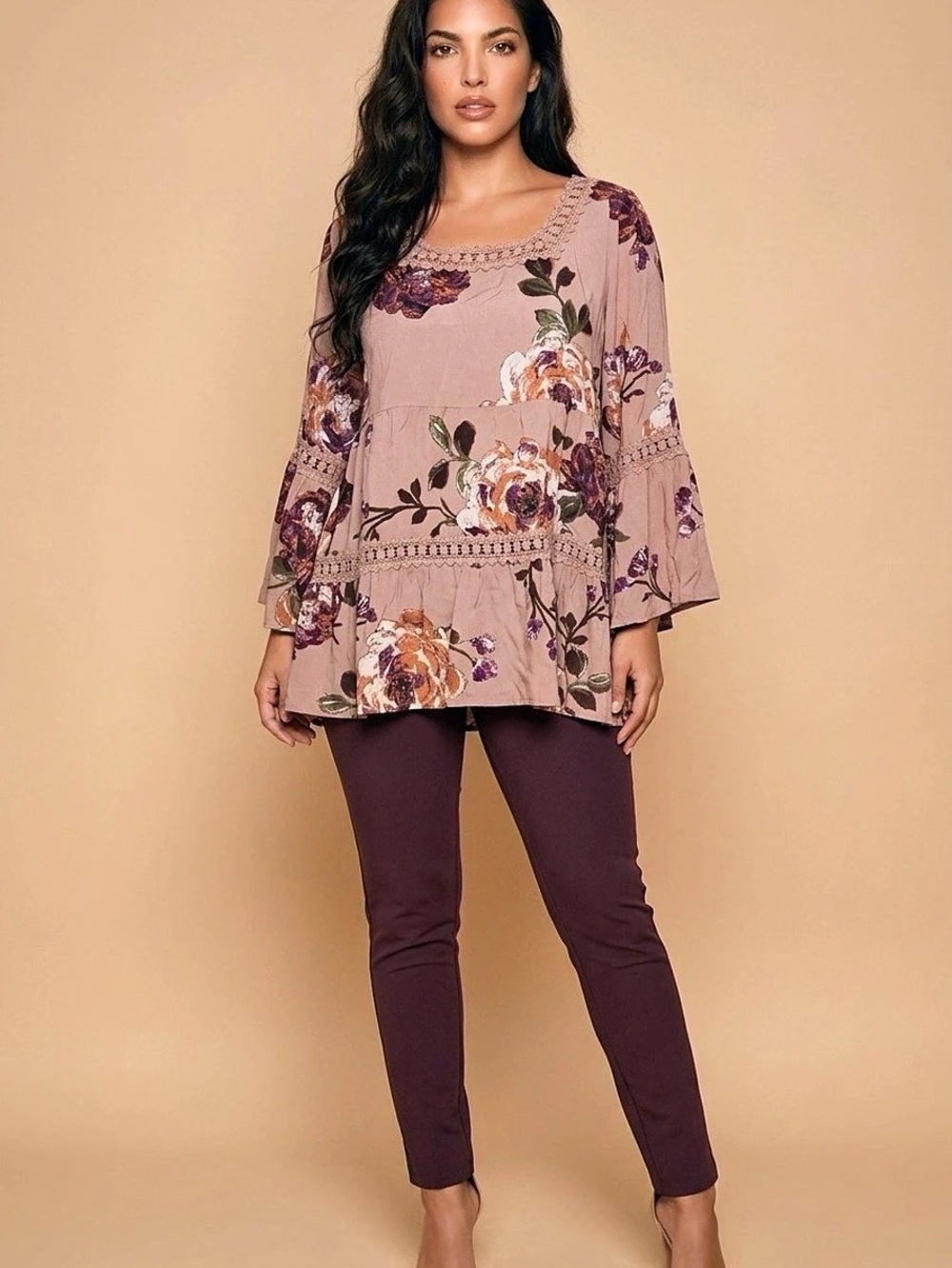 Odyssey Floral Lace Trim Tunic in Pink & Purple